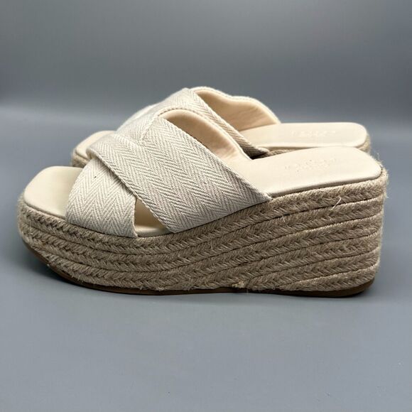 ASOS Design Wide Fit Teddy 2 Women's 8 Beige Wedge Slide Cross Slip-On Peep Toe - Picture 4 of 10